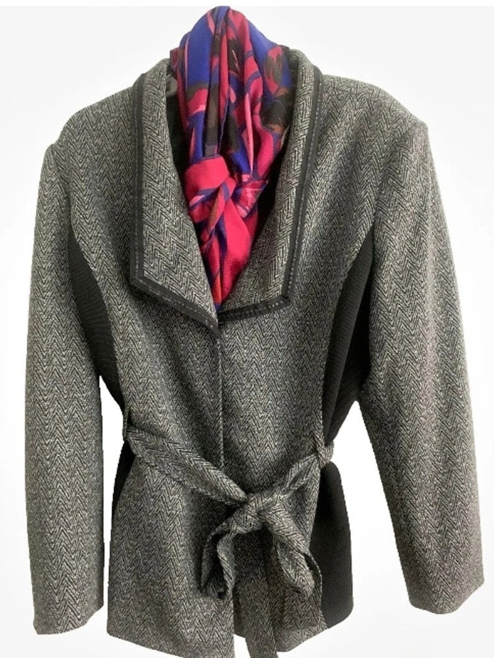 Tahari Arthur S. Levine Belted Herringbone Coat in Gray Size 16W